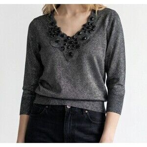 August Silk Sweater Large Silver Ribbed V-Neck Metallic Rhinestones Holiday Glam
